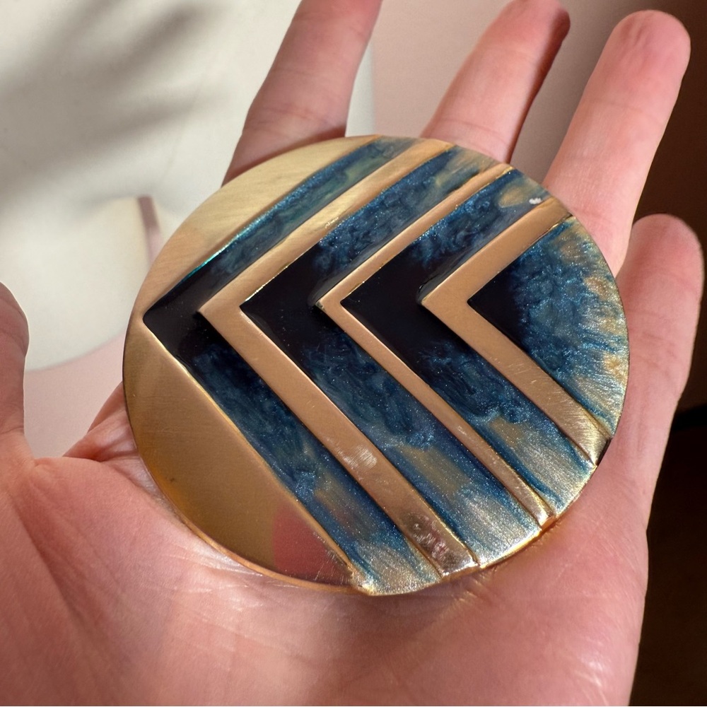 Vintage 1980 90's Retro Art deco gold blue enamel Chevron Belt buckle